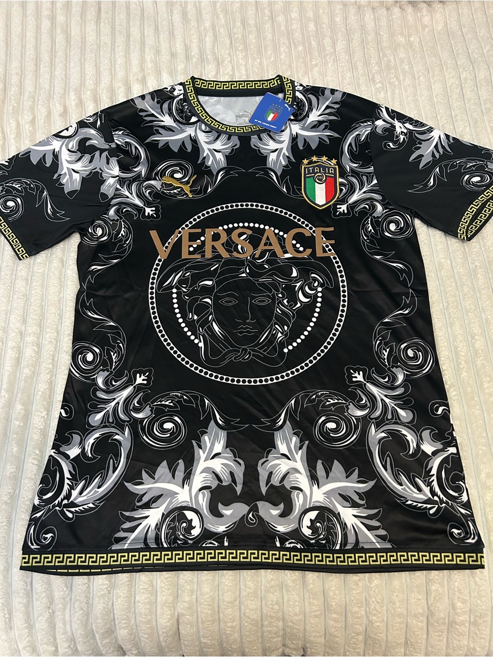 Versace Black White Baroque Medusa Logo Tee with Gold Accents